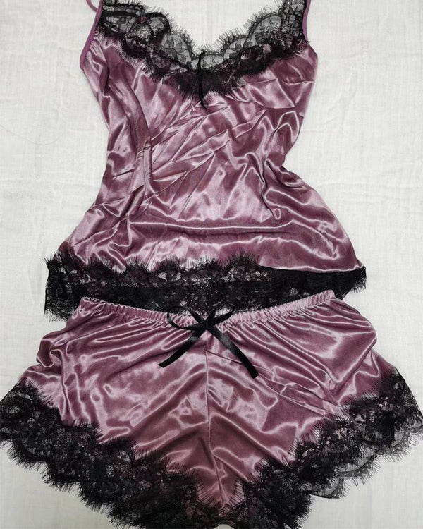 Pajama Set V-Neck Stretch Satin Babydoll Lace - Luxurious Weddings