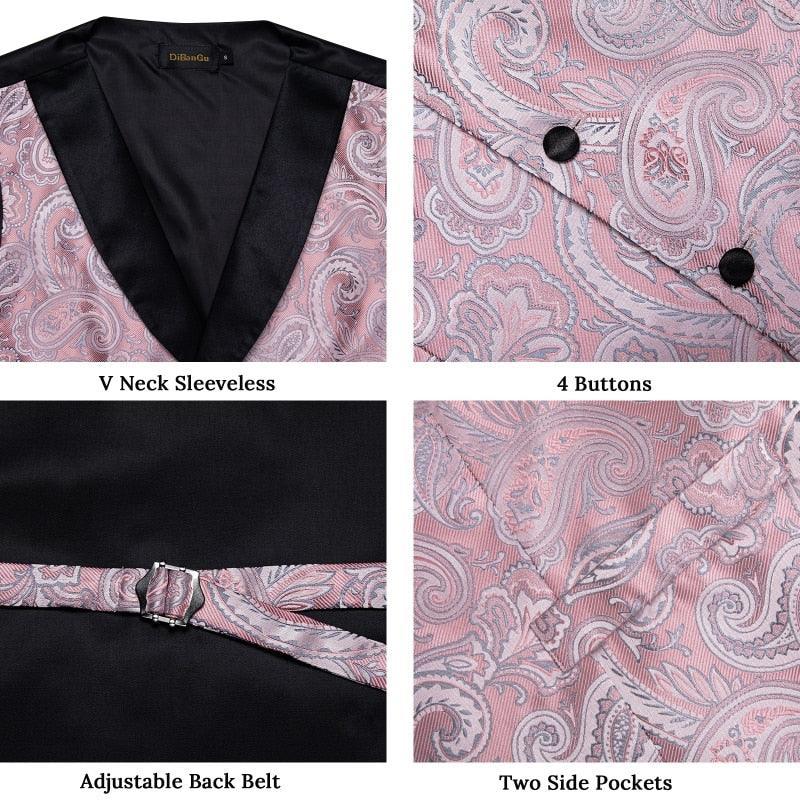 Pink Paisly 5 PCS Tuxedo Waistcoat And Tie Pocket Square Cufflinks - Luxurious Weddings