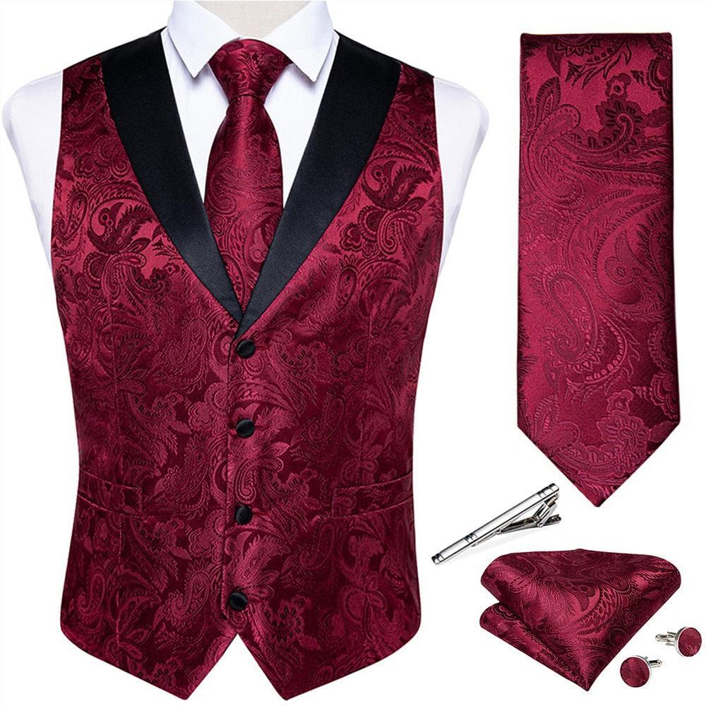 Pink Paisly 5 PCS Tuxedo Waistcoat And Tie Pocket Square Cufflinks - Luxurious Weddings