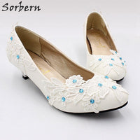 Sorbern Blue Crystals Lace Flower Wedding Pump Shoes - Luxurious Weddings