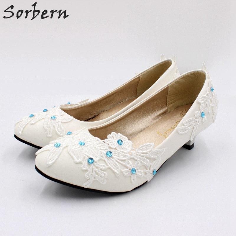 Sorbern Blue Crystals Lace Flower Wedding Pump Shoes - Luxurious Weddings