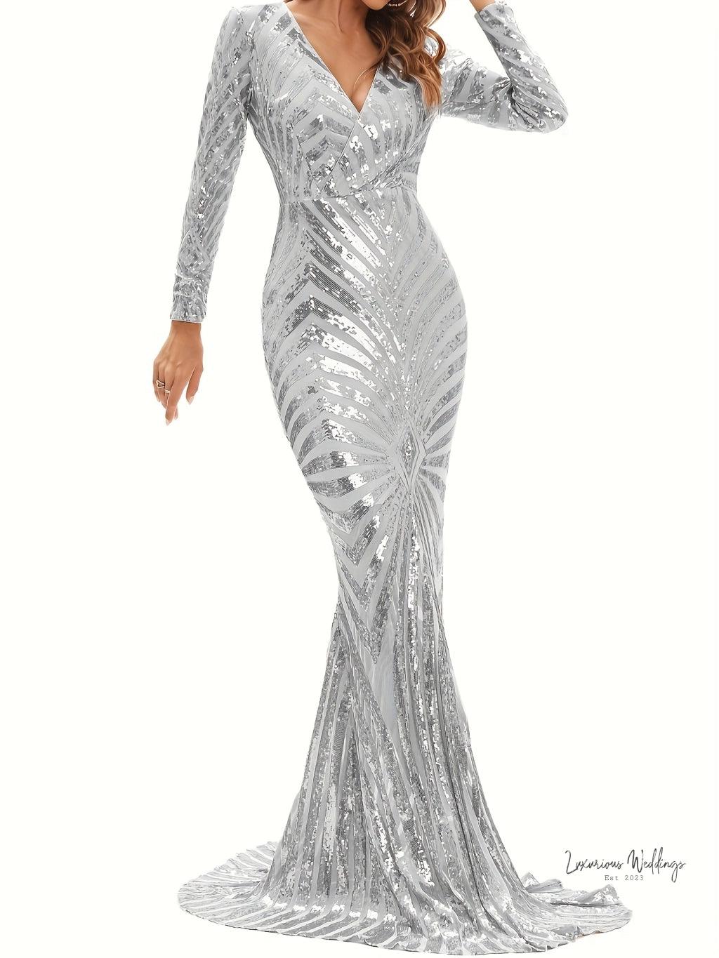 Sparkling V-neck Mermaid Dress - Long Sleeve Party & Banquet Attire - Luxurious Weddings