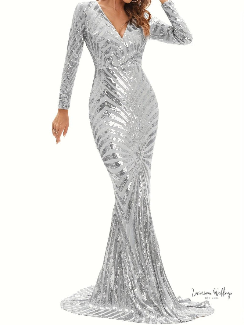 Sparkling V-neck Mermaid Dress - Long Sleeve Party & Banquet Attire Gatsby Gown Luxurious Weddings