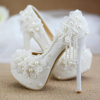Spring new white lace beaded tassel stiletto bridal wedding shoes - Luxurious Weddings