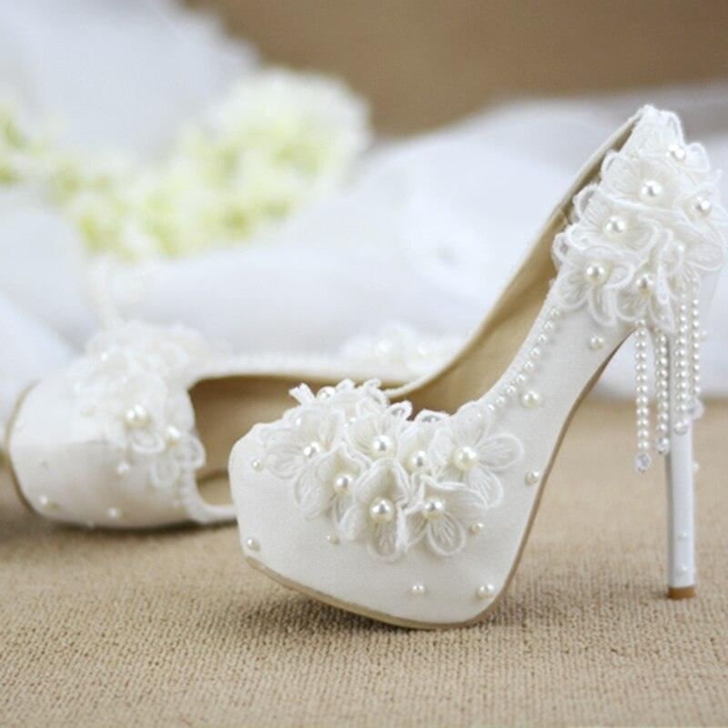 Spring new white lace beaded tassel stiletto bridal wedding shoes - Luxurious Weddings