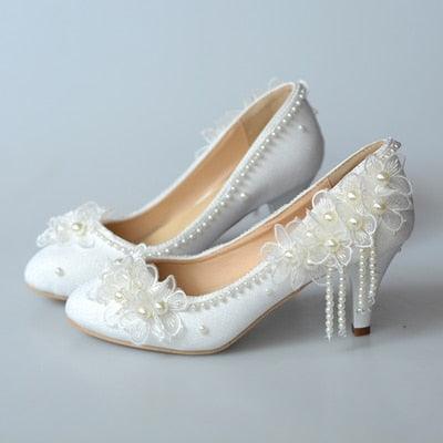 Spring new white lace beaded tassel stiletto bridal wedding shoes - Luxurious Weddings