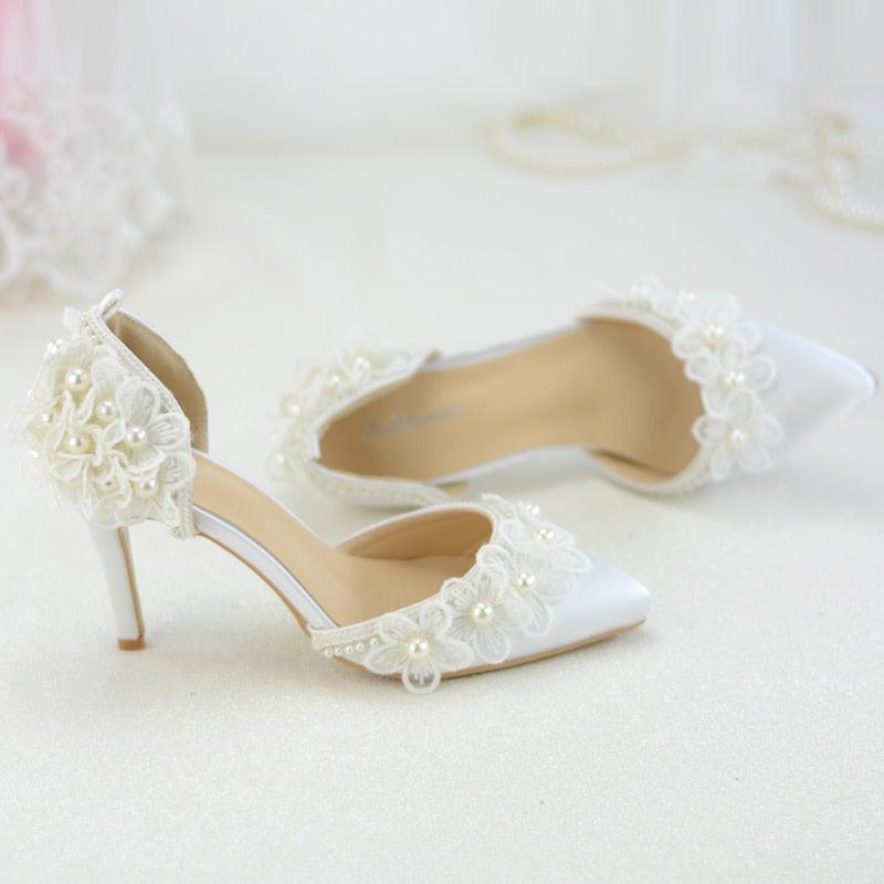 Spring new white lace beaded tassel stiletto bridal wedding shoes - Luxurious Weddings