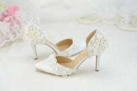 Spring new white lace beaded tassel stiletto bridal wedding shoes - Luxurious Weddings