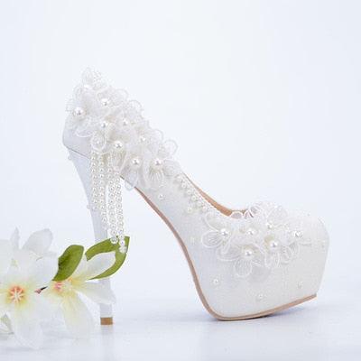 Spring new white lace beaded tassel stiletto bridal wedding shoes - Luxurious Weddings