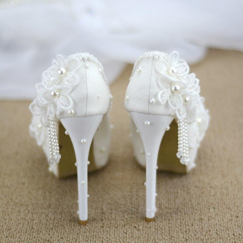 Spring new white lace beaded tassel stiletto bridal wedding shoes - Luxurious Weddings