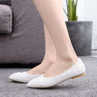 Spring Pointed toe flat white lace bridal wedding shoes - Luxurious Weddings