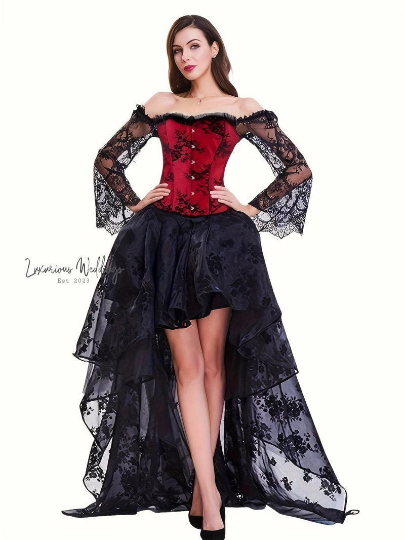 Steampunk Lace Corset Dress Set - Off Shoulder High Low Skirt Corset Dress Luxurious Weddings