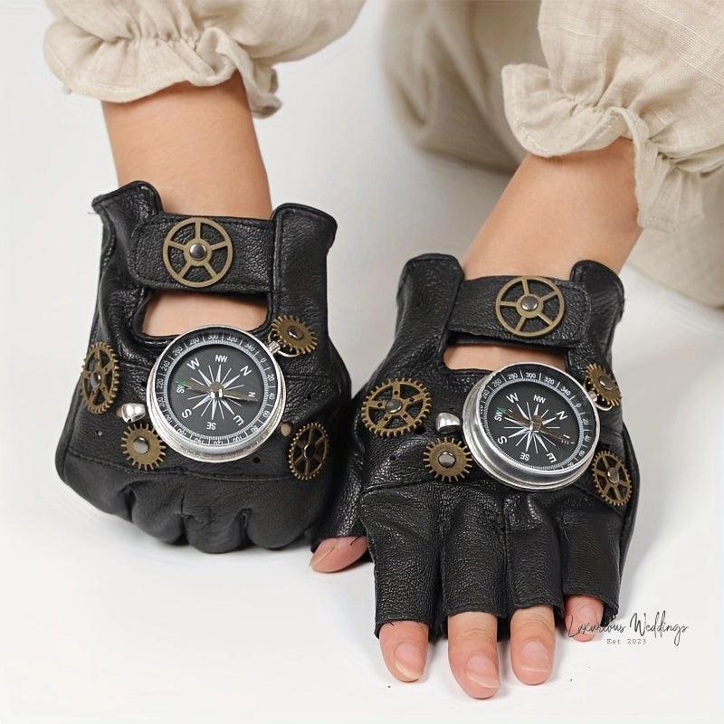 Steampunk Leather Fingerless Gloves - Halloween Compass Gear Design Gloves Luxurious Weddings