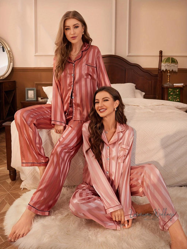 Striped Satin Pajama Set - 2 Sets, Elegant #TeamBride Design - Luxurious Weddings