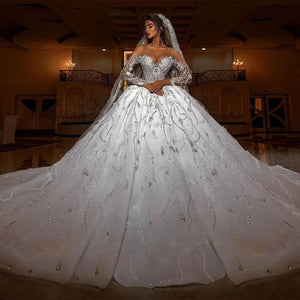 Sweetheart Appliques Lace Bridal Gowns Off The Shoulder Long Sleeve Beading - Luxurious Weddings