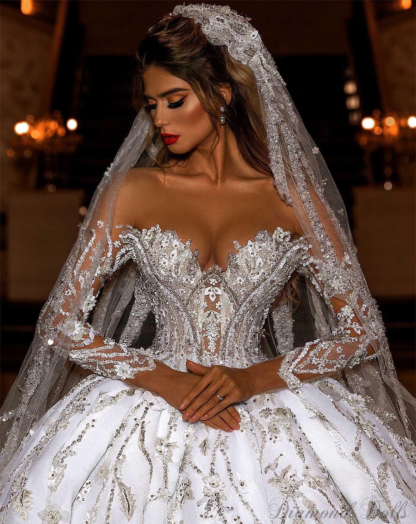 Sweetheart Appliques Lace Bridal Gowns Off The Shoulder Long Sleeve Beading - Luxurious Weddings