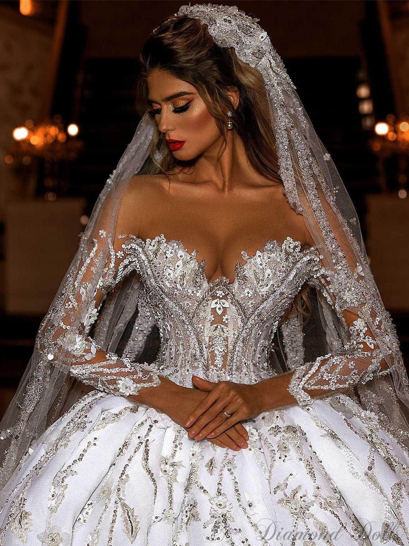 Sweetheart Appliques Lace Bridal Gowns Off The Shoulder Long Sleeve Beading - Luxurious Weddings