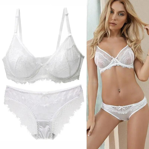 Ultrathin Transparent Lace Bra and Thong Set - Luxurious Weddings