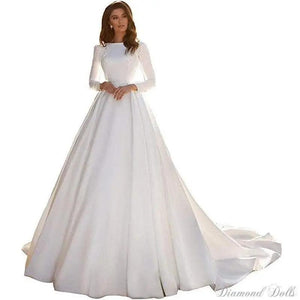 Vestidos De Novia Simple Elegant White Satin Long Sleeve Wedding Dress - Luxurious Weddings