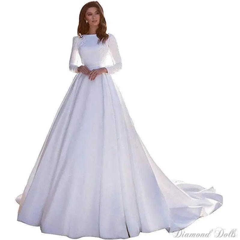 Vestidos De Novia Simple Elegant White Satin Long Sleeve Wedding Dress - Luxurious Weddings