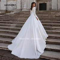Vestidos De Novia Simple Elegant White Satin Long Sleeve Wedding Dress - Luxurious Weddings
