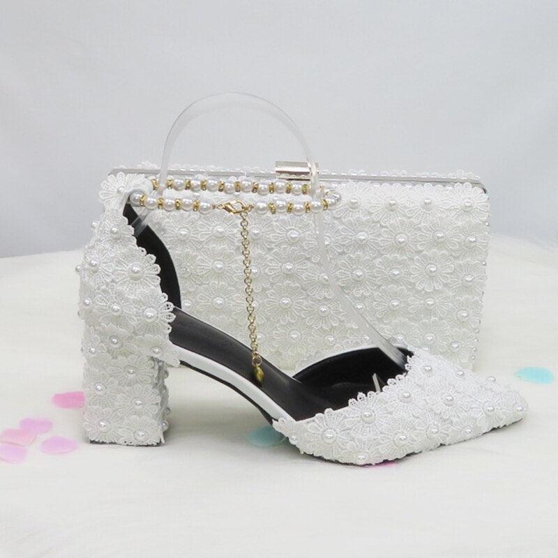 White Lace Flower wedding shoes with matching bag - Luxurious Weddings