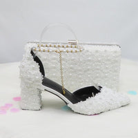 White Lace Flower wedding shoes with matching bag - Luxurious Weddings