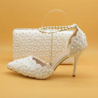 White Lace Flower wedding shoes with matching bag - Luxurious Weddings