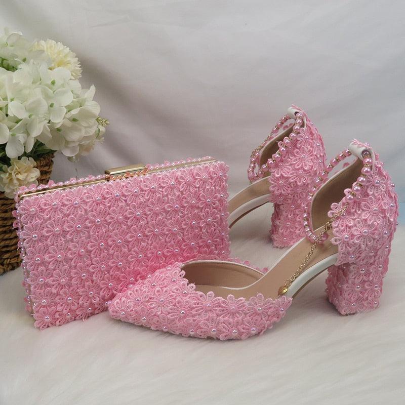 White Lace Flower wedding shoes with matching bag - Luxurious Weddings