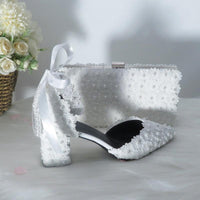 White Lace Flower wedding shoes with matching bag - Luxurious Weddings