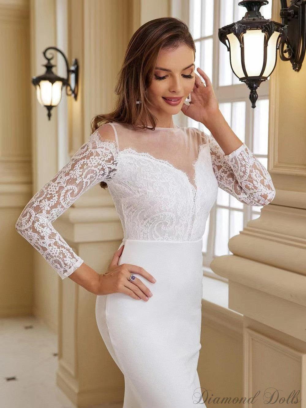 White Long Sleeve Elegant Gorgeous Robe De Soiree Long Train - Luxurious Weddings
