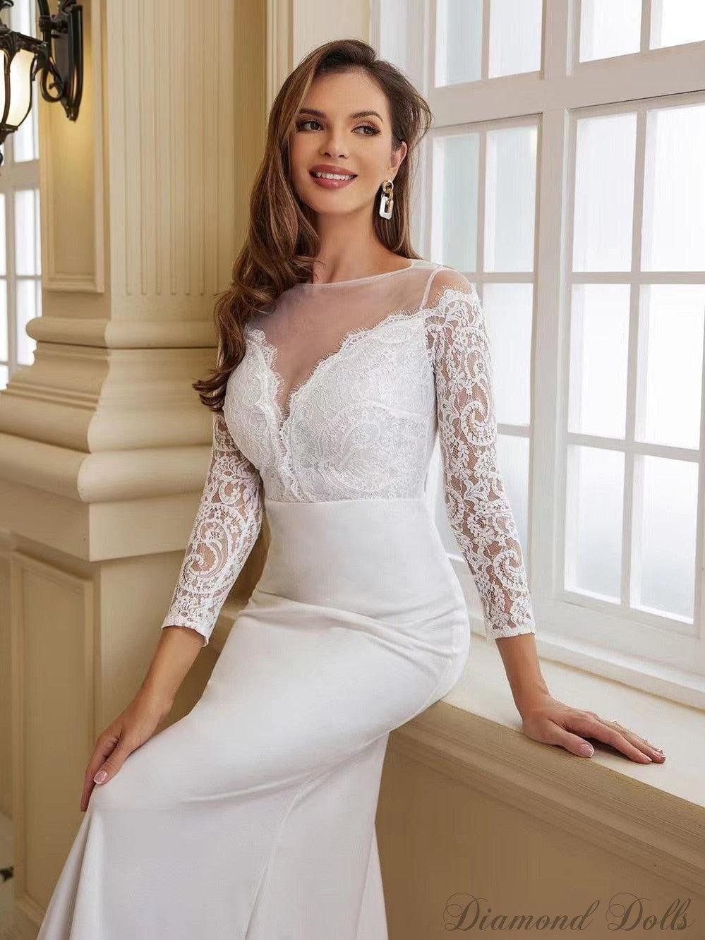 White Long Sleeve Elegant Gorgeous Robe De Soiree Long Train - Luxurious Weddings