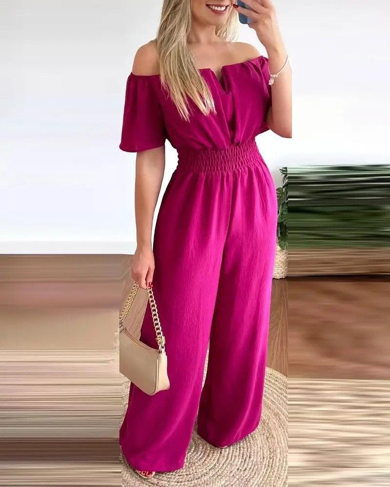 Wide Leg Jumpsuit Off-shoulder High Waist Jumpsuit Formal Wear - Luxurious Weddings