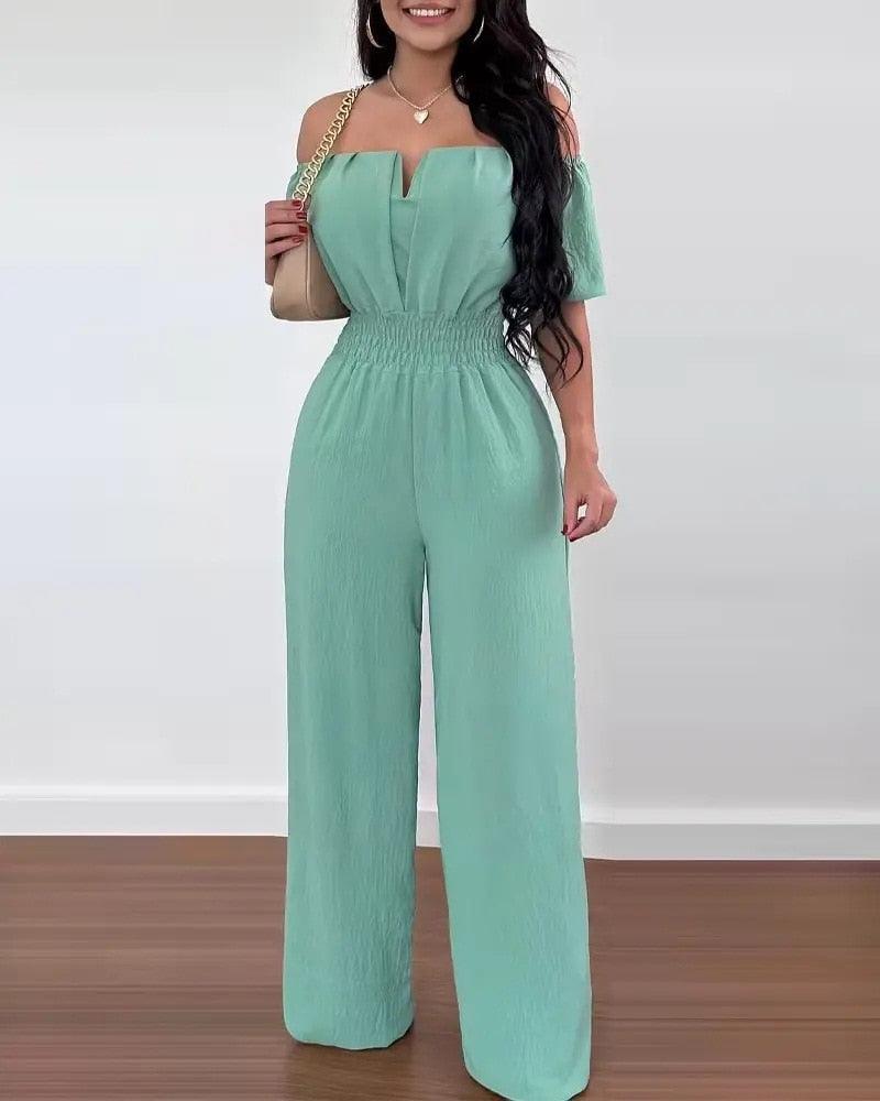 Wide Leg Jumpsuit Off-shoulder High Waist Jumpsuit Formal Wear - Luxurious Weddings