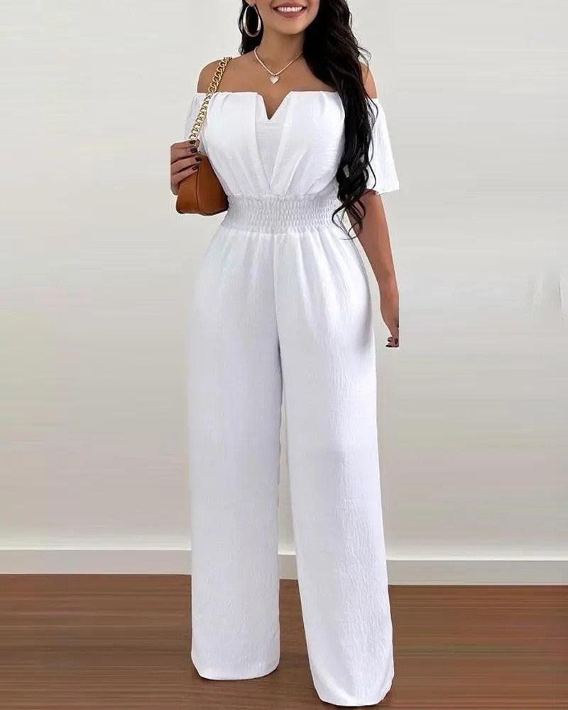 Wide Leg Jumpsuit Off-shoulder High Waist Jumpsuit Formal Wear - Luxurious Weddings