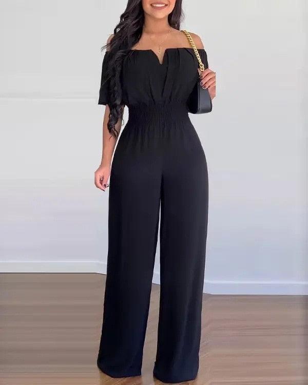 Wide Leg Jumpsuit Off-shoulder High Waist Jumpsuit Formal Wear - Luxurious Weddings