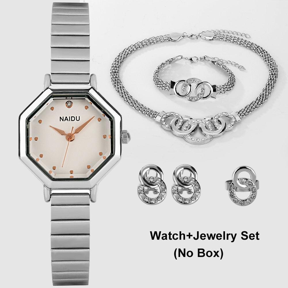 Women Watch Bracelet Set Jewelry Earrings Necklace Ring Gift for Ladies Minimalist Elegant Quartz Wristwatch Relogio Feminino - Luxurious Weddings